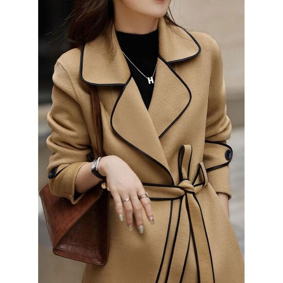 Women's Tan Trench Coat with Black Trim - Picture 2 of 6